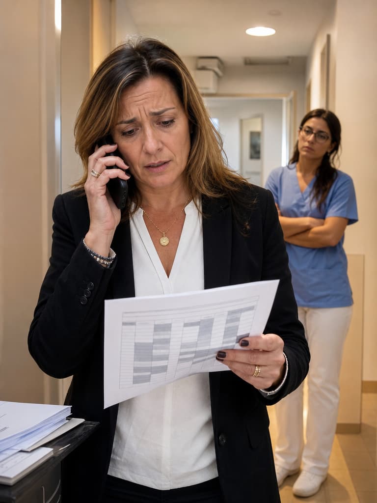 Responsabile di un ambulatorio stressata con in mano il foglio dei turni stampato e il telefono