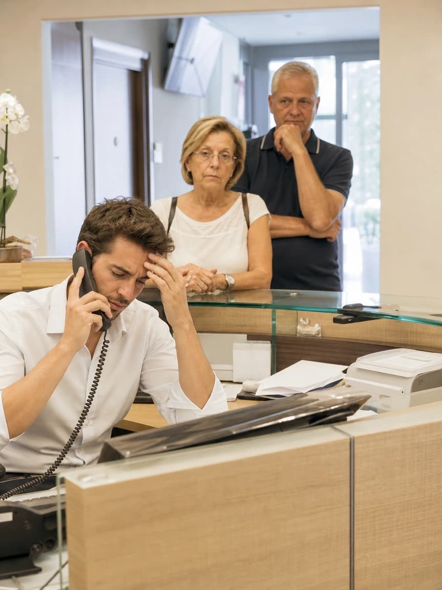 Addetto alla reception di uno studio medico al telefono mentre alcuni pazienti attendono in fila per prenotare