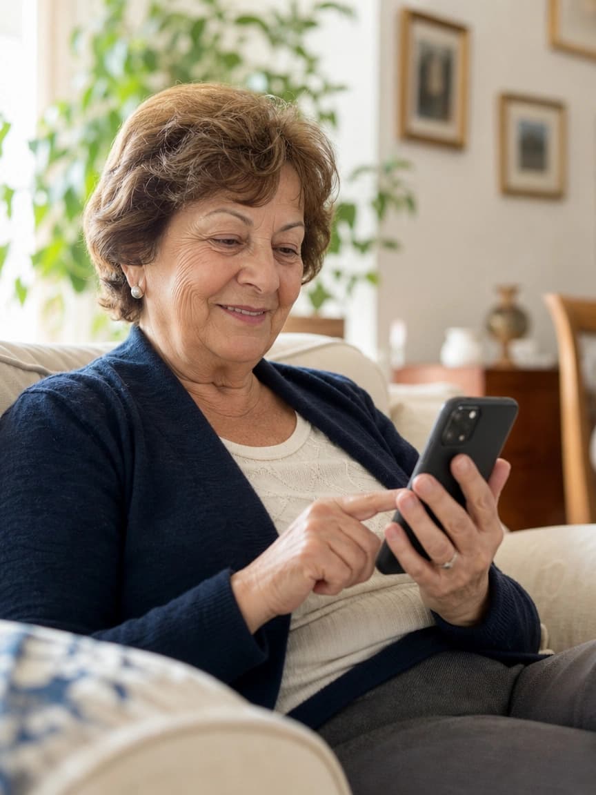 Paziente che prenota con serenità una visita medica dal proprio smartphone, comodamente da casa