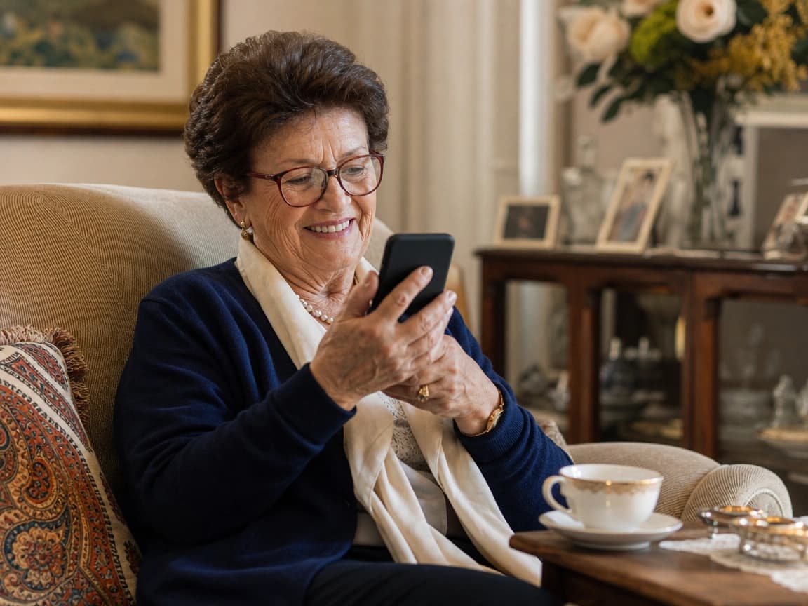 Paziente anziana che consulta serena il proprio smartphone dal divano di casa