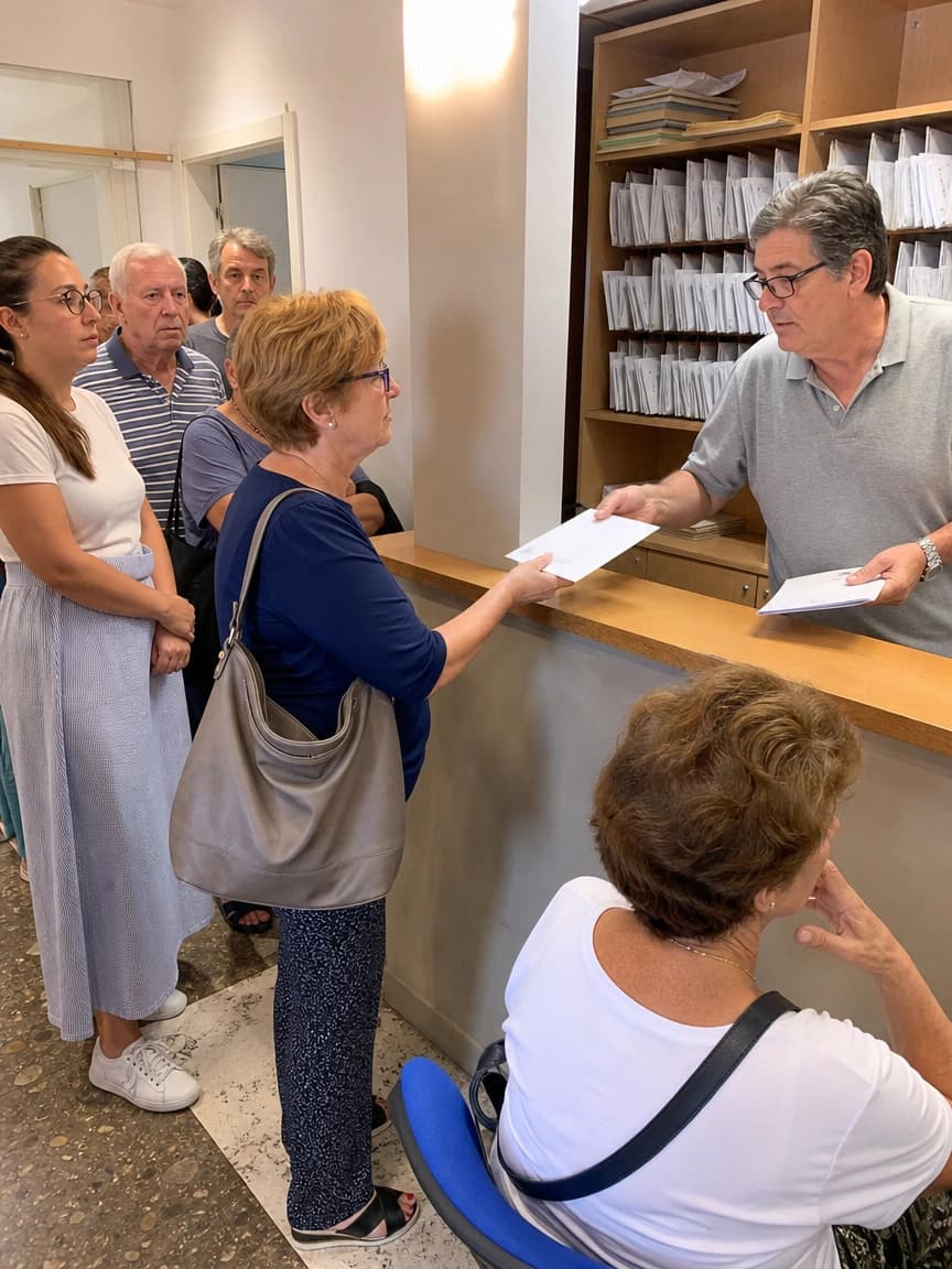Pazienti in coda allo sportello di uno studio medico per ritirare le buste cartacee dei referti