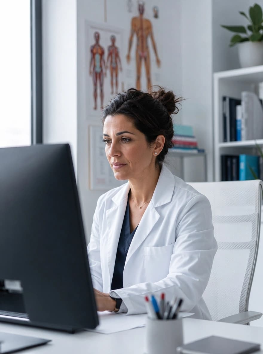 Medico refertante che rivede con calma un referto al computer nel suo studio