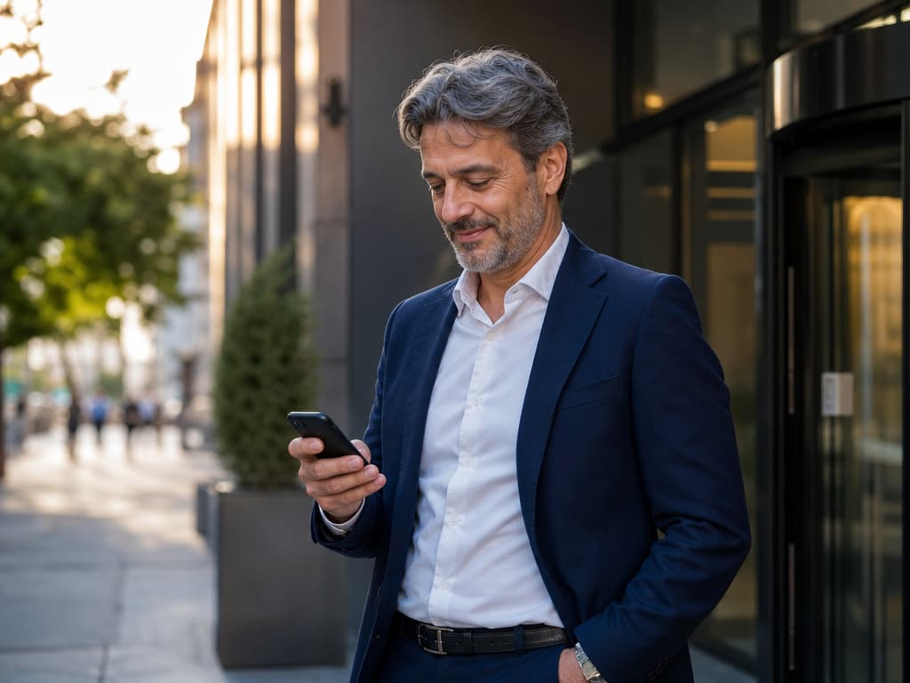 Direttore di un gruppo sanitario che controlla l'andamento delle sedi dallo smartphone tra una struttura e l'altra