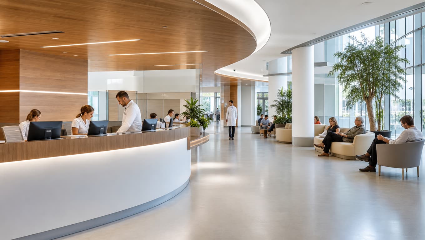 Reception ampia e moderna di un grande centro medico con personale al lavoro e pazienti in attesa