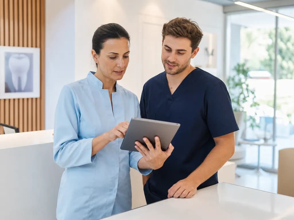 Dentista e assistente alla reception di uno studio dentistico che controllano l'agenda su un tablet