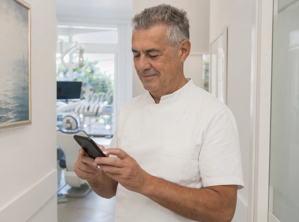 Dentista che controlla l'agenda dello studio dallo smartphone tra un appuntamento e l'altro