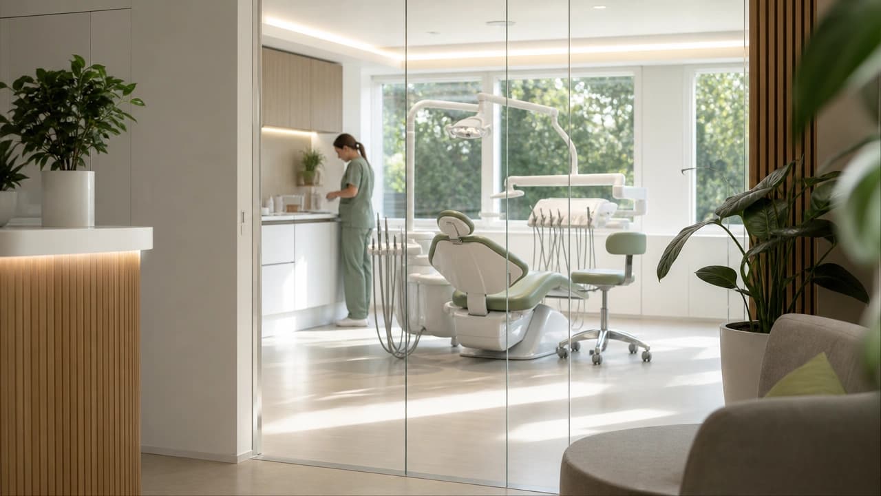 Studio dentistico moderno e luminoso con riunito e reception ordinata
