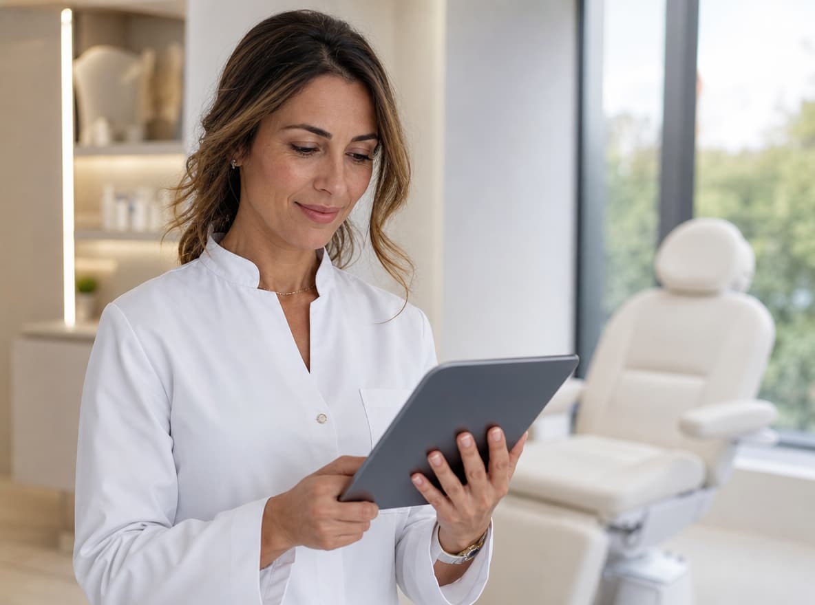 Medico estetico che gestisce l'agenda dello studio da tablet in una sala trattamenti luminosa