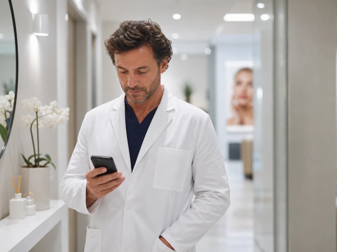 Medico estetico che controlla l'agenda dello studio dallo smartphone tra un trattamento e l'altro