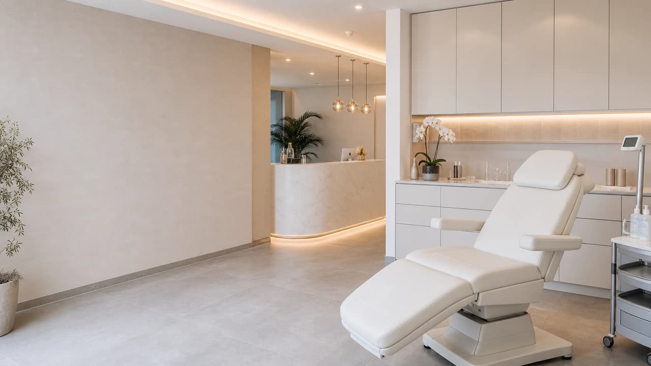 Studio di medicina estetica moderno e luminoso con poltrona da trattamento e reception