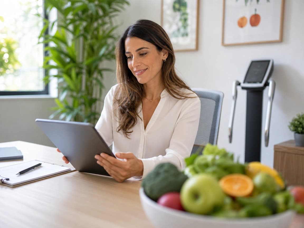 Nutrizionista che gestisce l'agenda dello studio da tablet accanto a una ciotola di frutta e verdura fresca