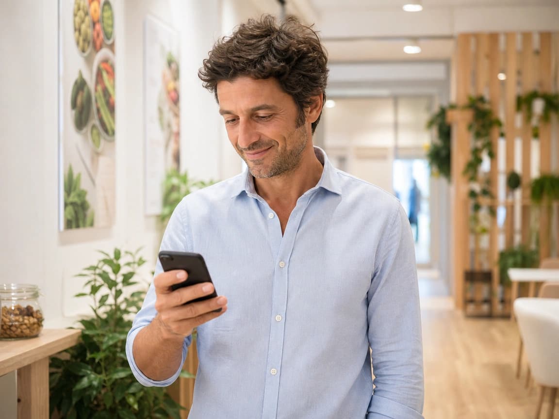 Nutrizionista che controlla l'agenda dello studio dallo smartphone tra un appuntamento e l'altro