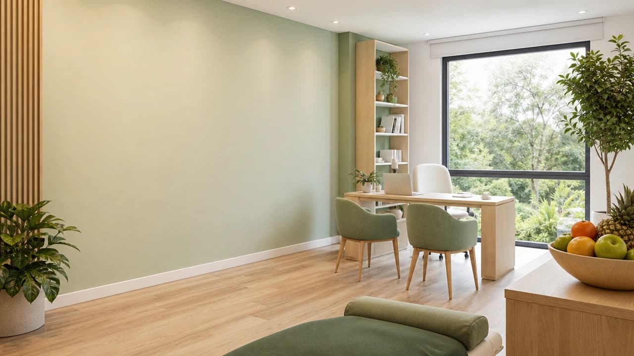 Studio di nutrizione moderno e luminoso con scrivania, sedute e piante