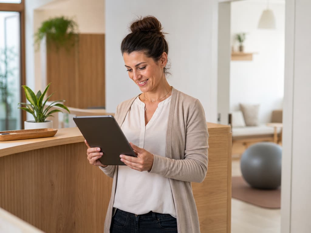 Ostetrica che gestisce l'agenda dello studio da tablet alla reception, in uno studio luminoso e accogliente