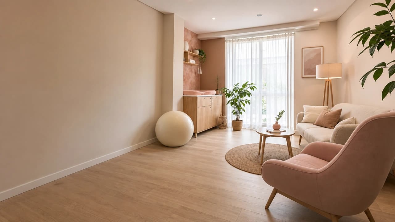 Studio di ostetricia moderno e accogliente con area consulenza, poltrona e palla da parto