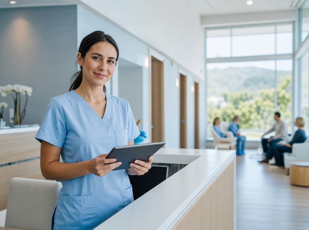 Receptionist di un poliambulatorio che gestisce le agende degli specialisti da tablet alla reception