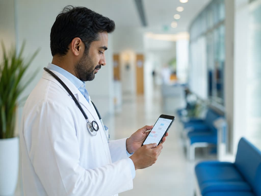 Medico di un centro medico che controlla l'agenda dello specialista dallo smartphone