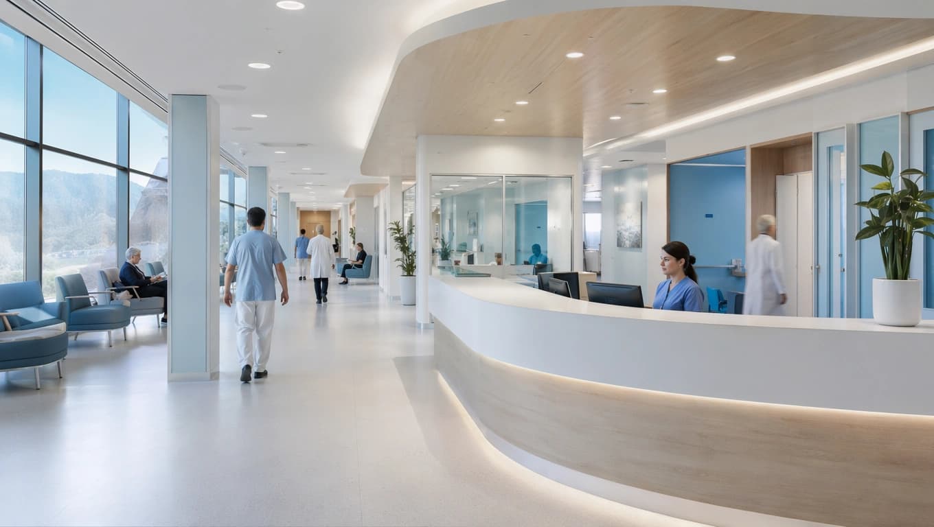 Reception e sala d'attesa luminosa di un poliambulatorio moderno con più ambulatori