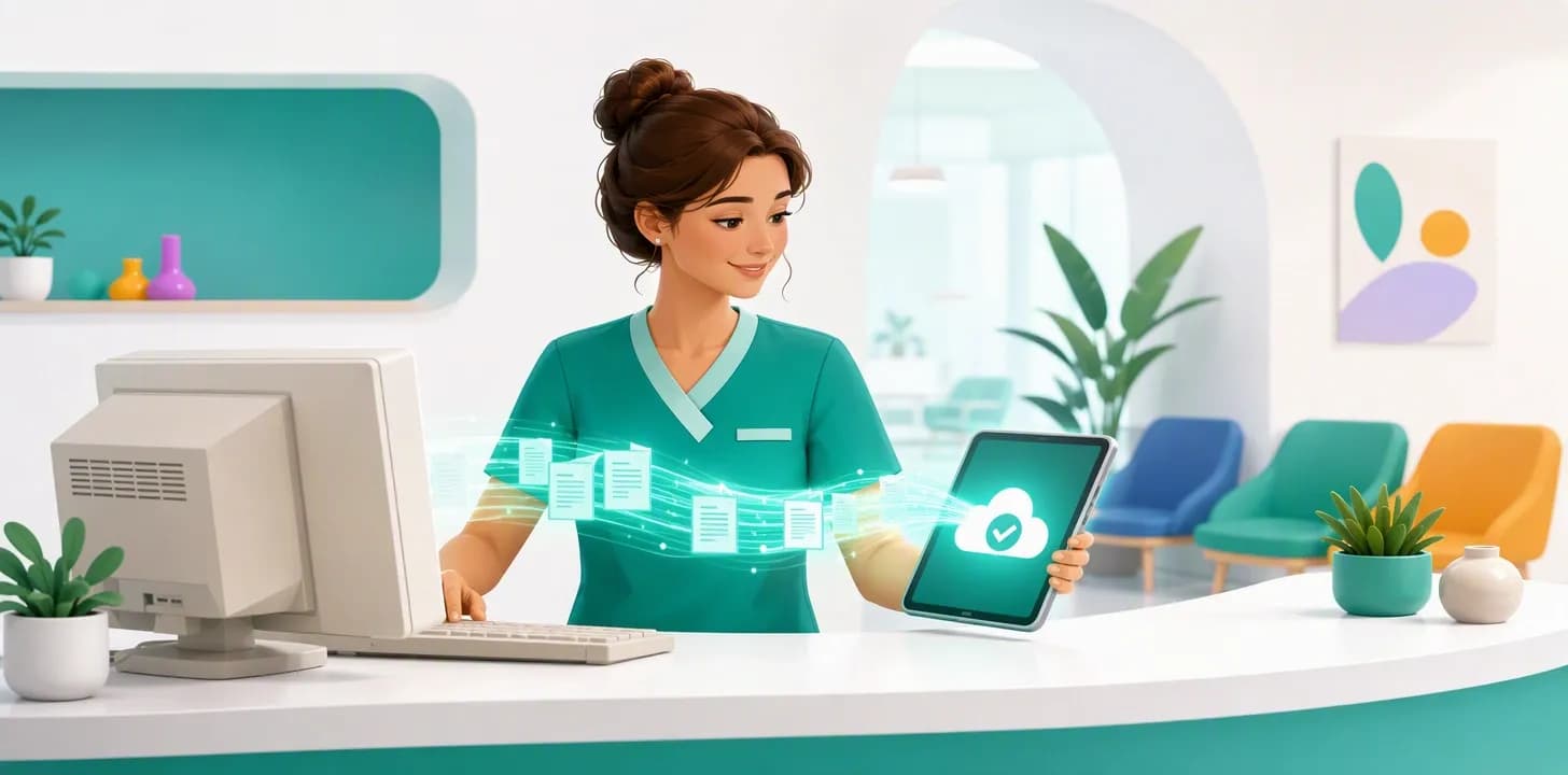Segretaria di uno studio medico che trasferisce l'anagrafica pazienti a un nuovo gestionale in cloud