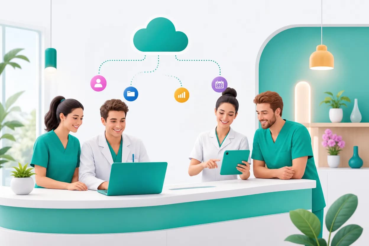 Team di uno studio medico che accede al nuovo gestionale in cloud da computer e tablet