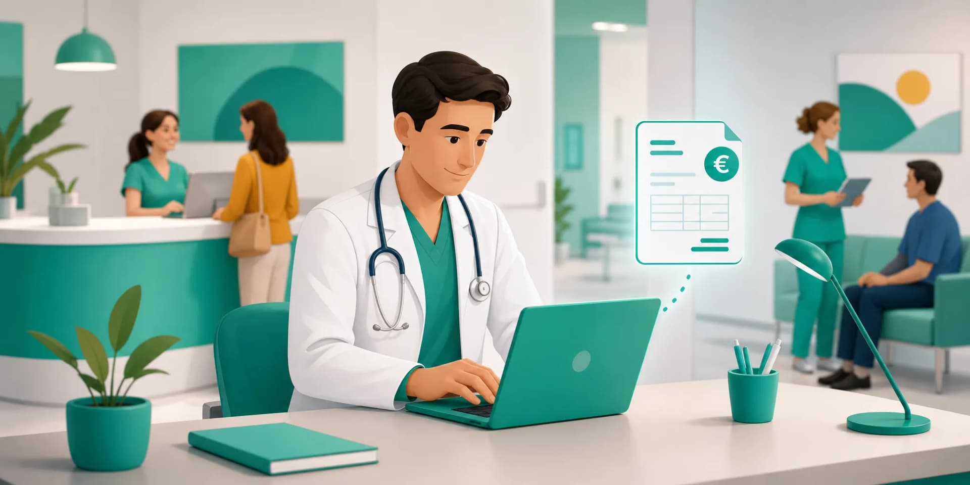 Medico che compila una fattura per una prestazione sanitaria su laptop alla scrivania dello studio