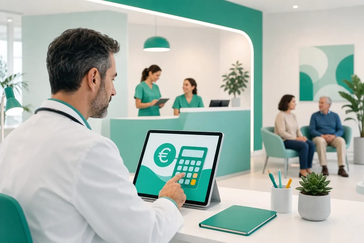Medico che consulta un'icona di calcolatrice per verificare l'importo e l'applicazione del bollo
