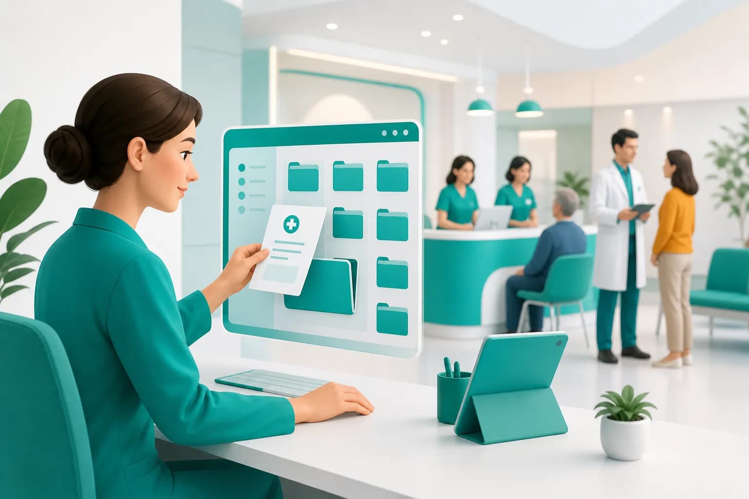 Segretaria che archivia digitalmente una fattura medica in una cartella organizzata dello studio