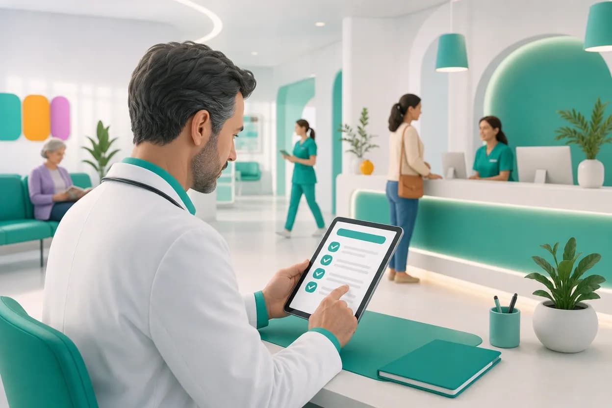 Medico che consulta una checklist stilizzata su tablet per il passaggio successivo di invio dati