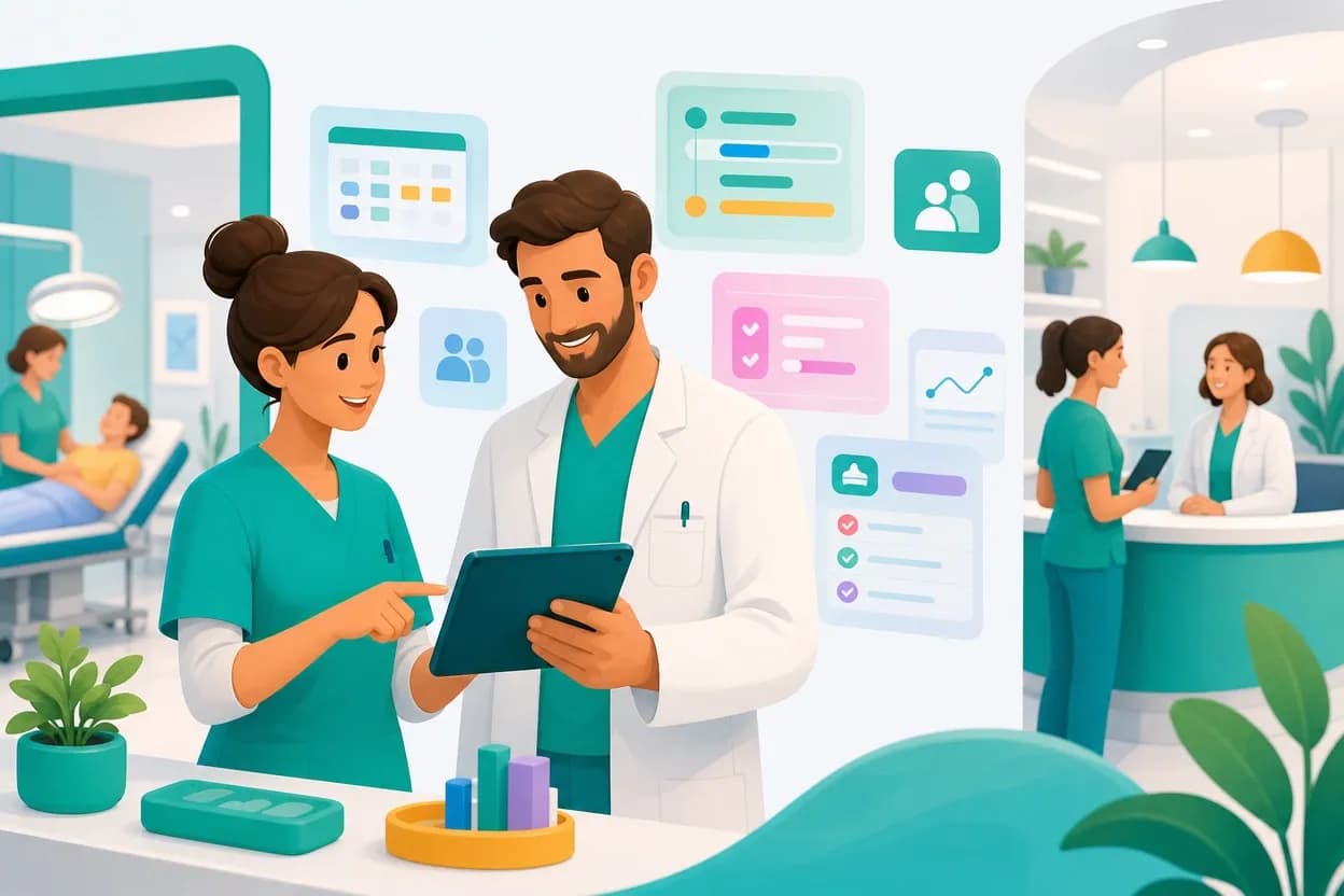 Personale di un ambulatorio che consulta turni, attività e procedure tracciate su tablet