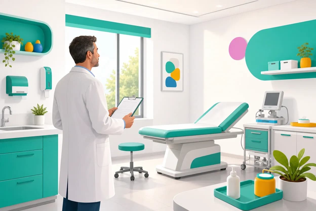 Direttore sanitario che verifica l'idoneità dei locali e delle attrezzature di un ambulatorio