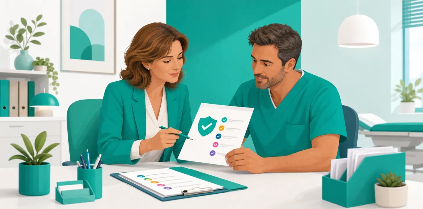 Titolare di uno studio medico che rivede il documento di valutazione dei rischi con un consulente
