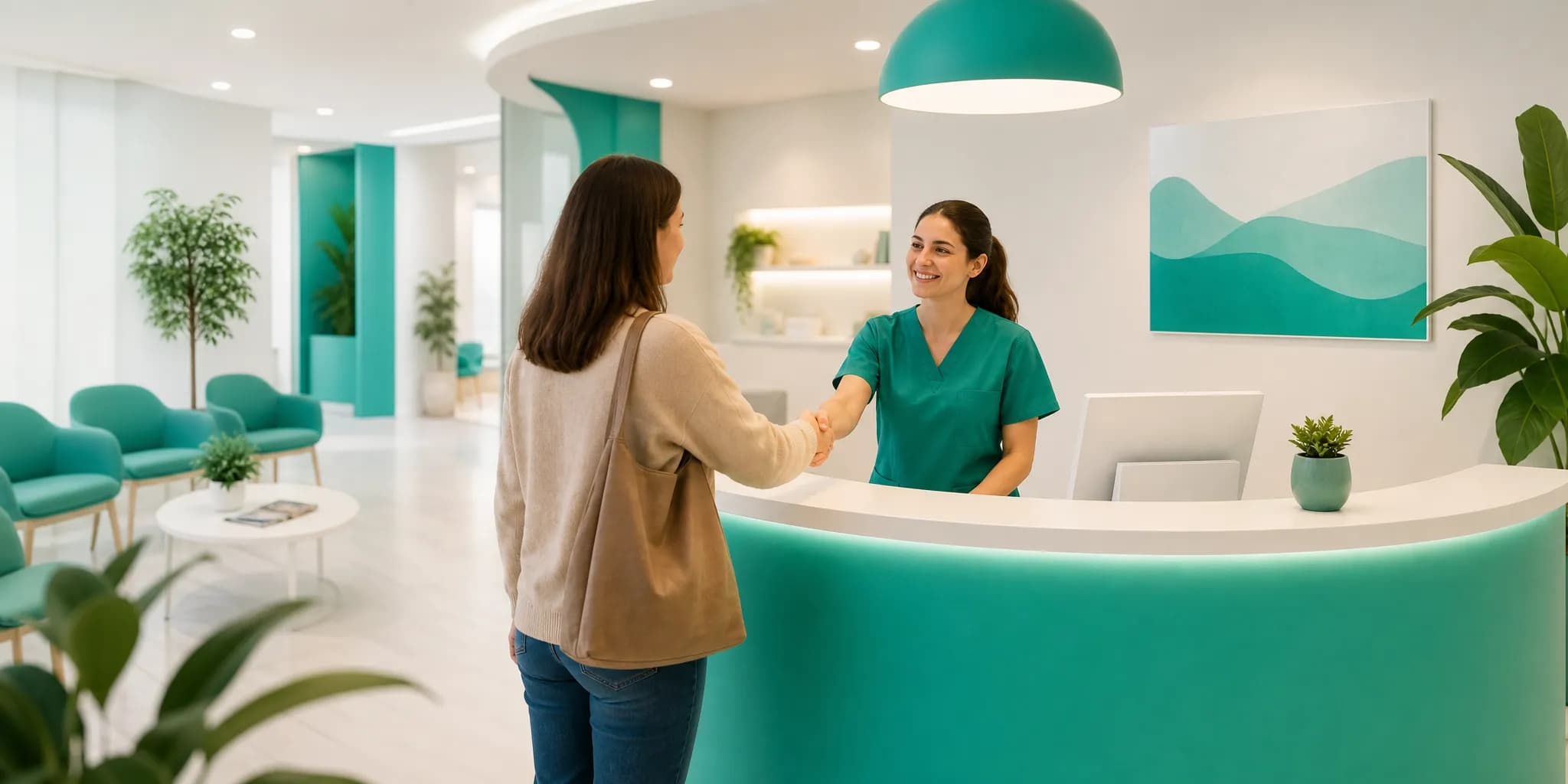 Paziente accolto con cortesia alla reception di uno studio medico moderno e ordinato