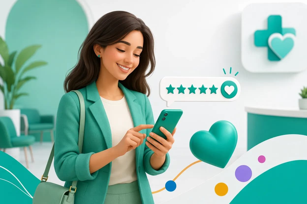 Paziente soddisfatto che lascia una recensione positiva dello studio medico dallo smartphone