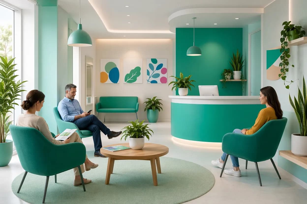 Sala d'attesa ordinata e accogliente di uno studio medico con pazienti seduti senza code