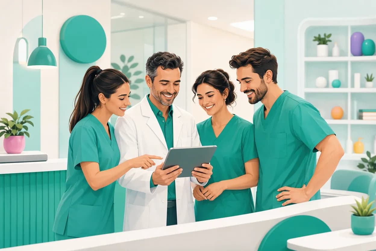 Team di uno studio medico che collabora per migliorare l'accoglienza e l'organizzazione