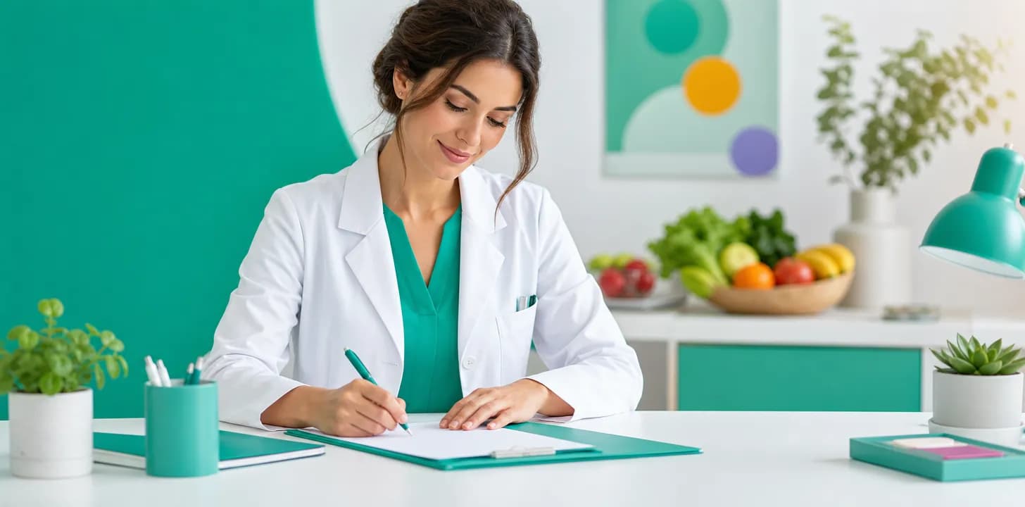 Biologa nutrizionista che prepara la fattura di una visita nutrizionale nel suo studio