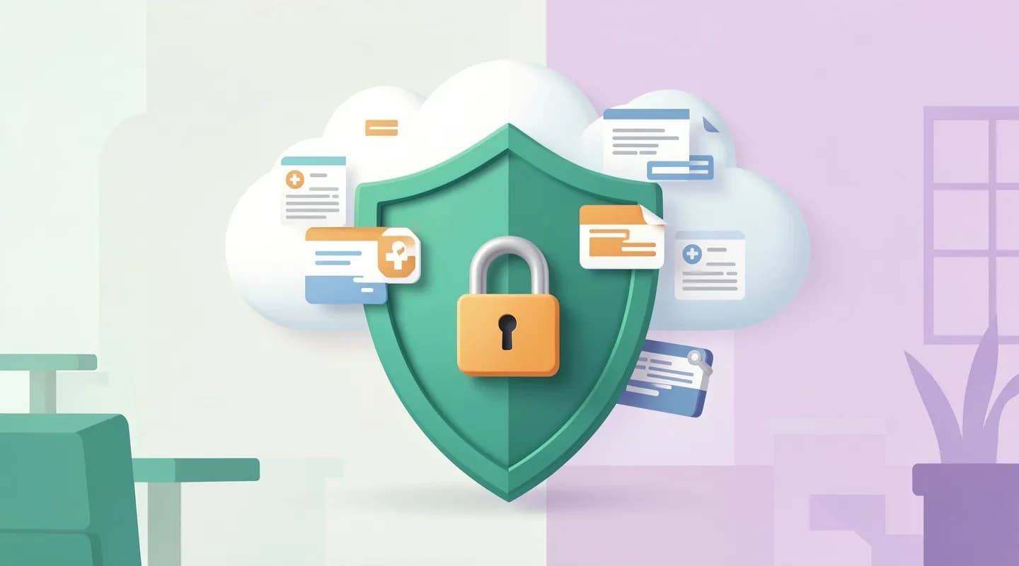 Dati sanitari protetti nel cloud con lucchetto e scudo, a norma GDPR per lo studio medico