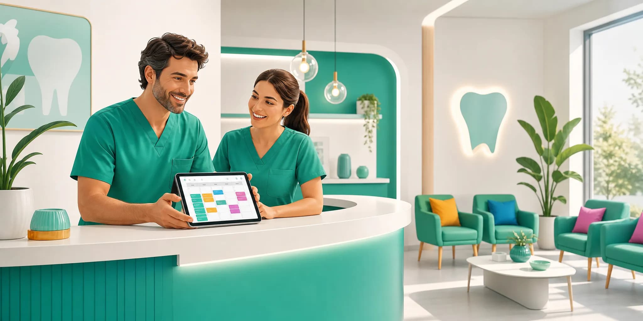 Dentista e assistente alla reception di uno studio odontoiatrico che usano un gestionale