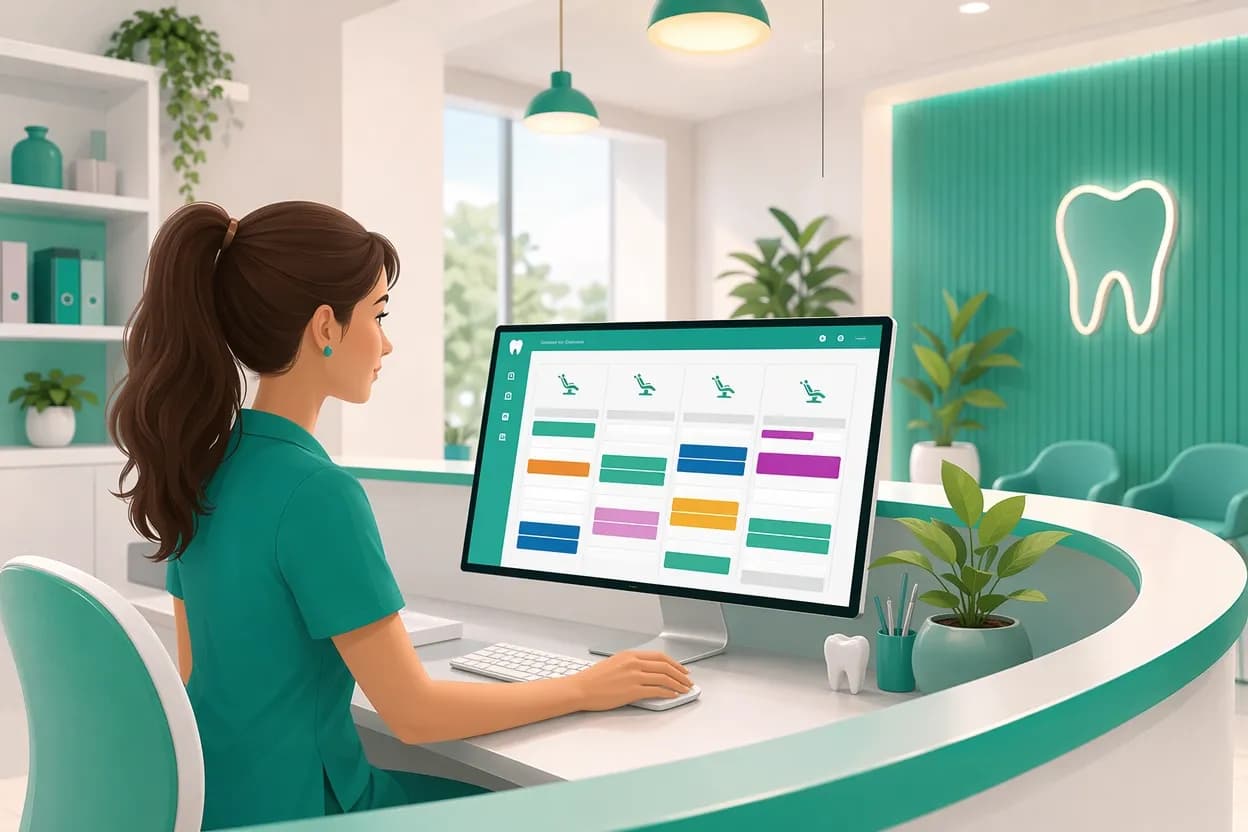 Reception di uno studio dentistico con agenda multi-poltrona aperta su un gestionale in cloud