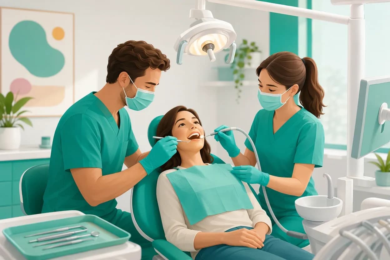 Dentista e igienista al riunito con un paziente in uno studio odontoiatrico luminoso e ordinato