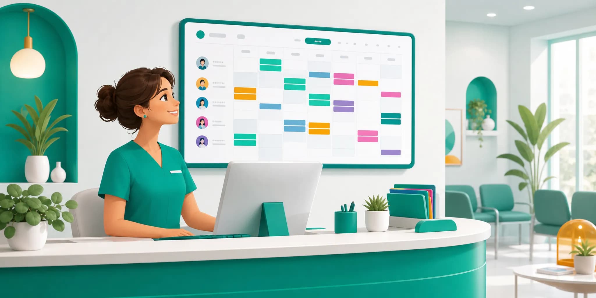 Segretaria che gestisce gli appuntamenti di uno studio medico su un'agenda digitale condivisa