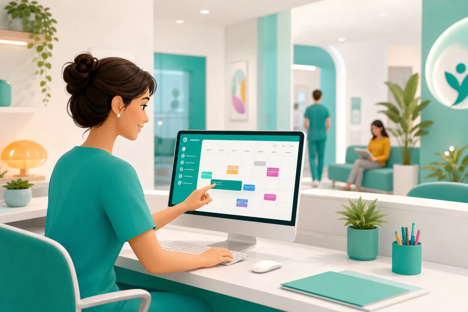Segretaria di studio medico che inserisce un appuntamento nell'agenda digitale condivisa