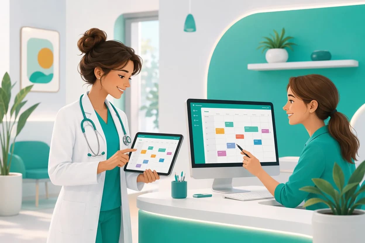 Medico e segretaria che consultano la stessa agenda condivisa degli appuntamenti su tablet e computer