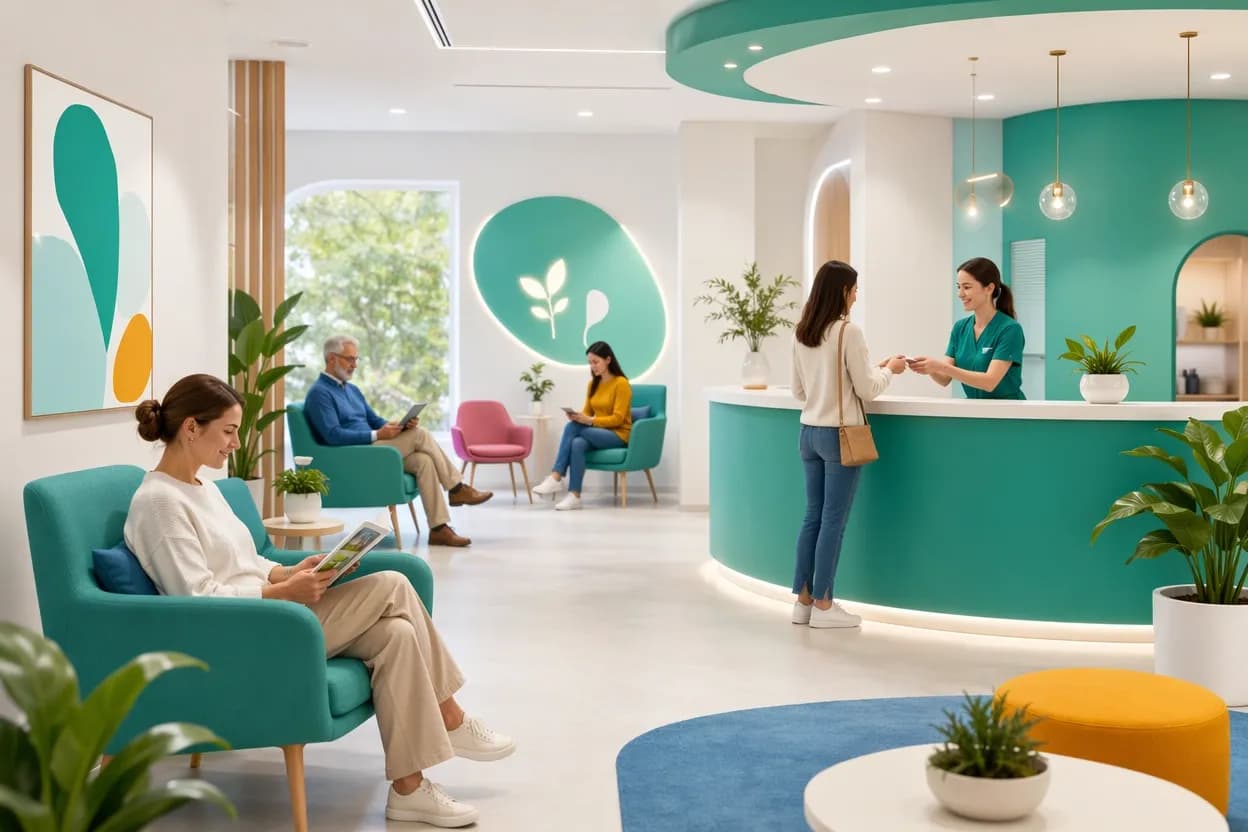 Sala d'attesa di uno studio medico ordinata con pochi pazienti grazie a un'agenda ben distribuita