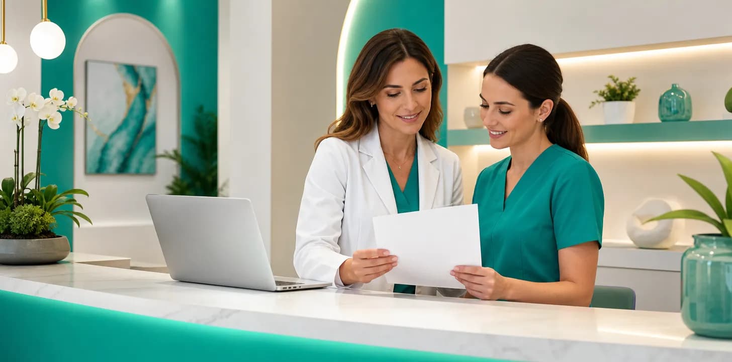 Medico estetico e segretaria che verificano la fattura di un trattamento in uno studio di medicina estetica