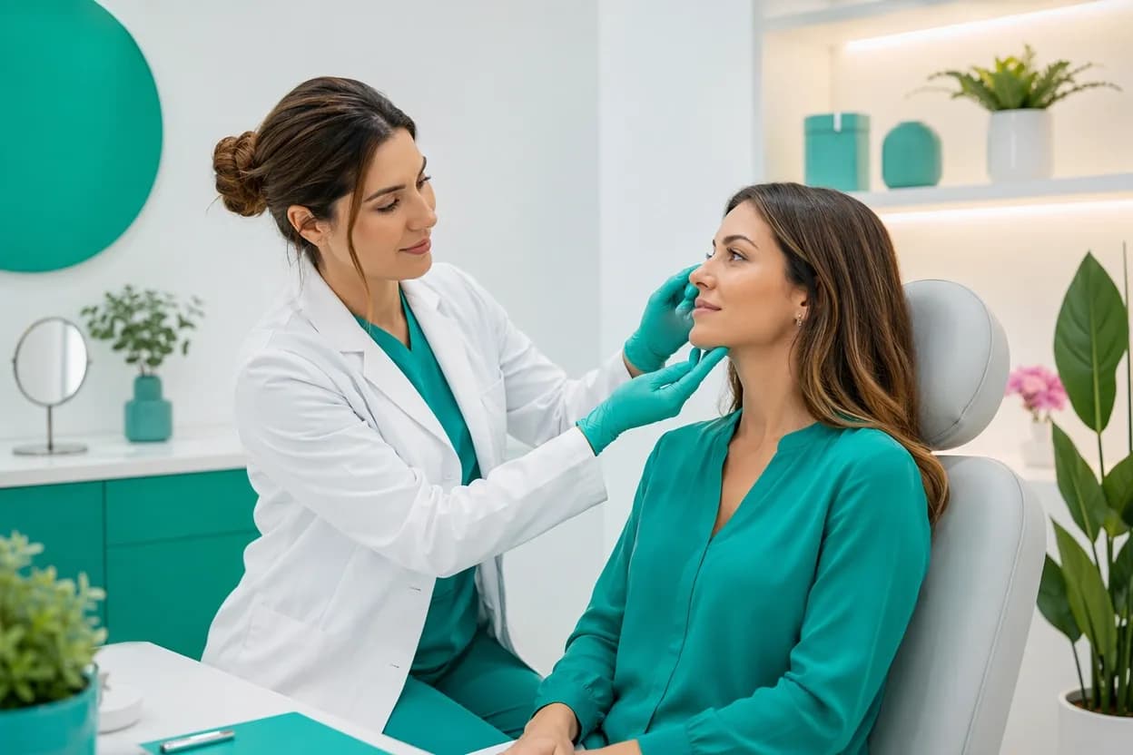 Medico estetico che valuta una paziente in studio per stabilire la finalità terapeutica del trattamento