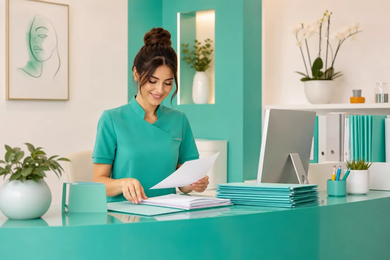 Segretaria di uno studio di medicina estetica che prepara fatture e documenti fiscali alla reception
