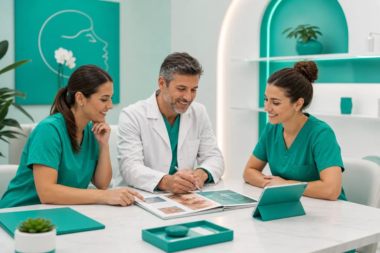 Team di uno studio medico estetico che rivede insieme le procedure amministrative per evitare errori fiscali