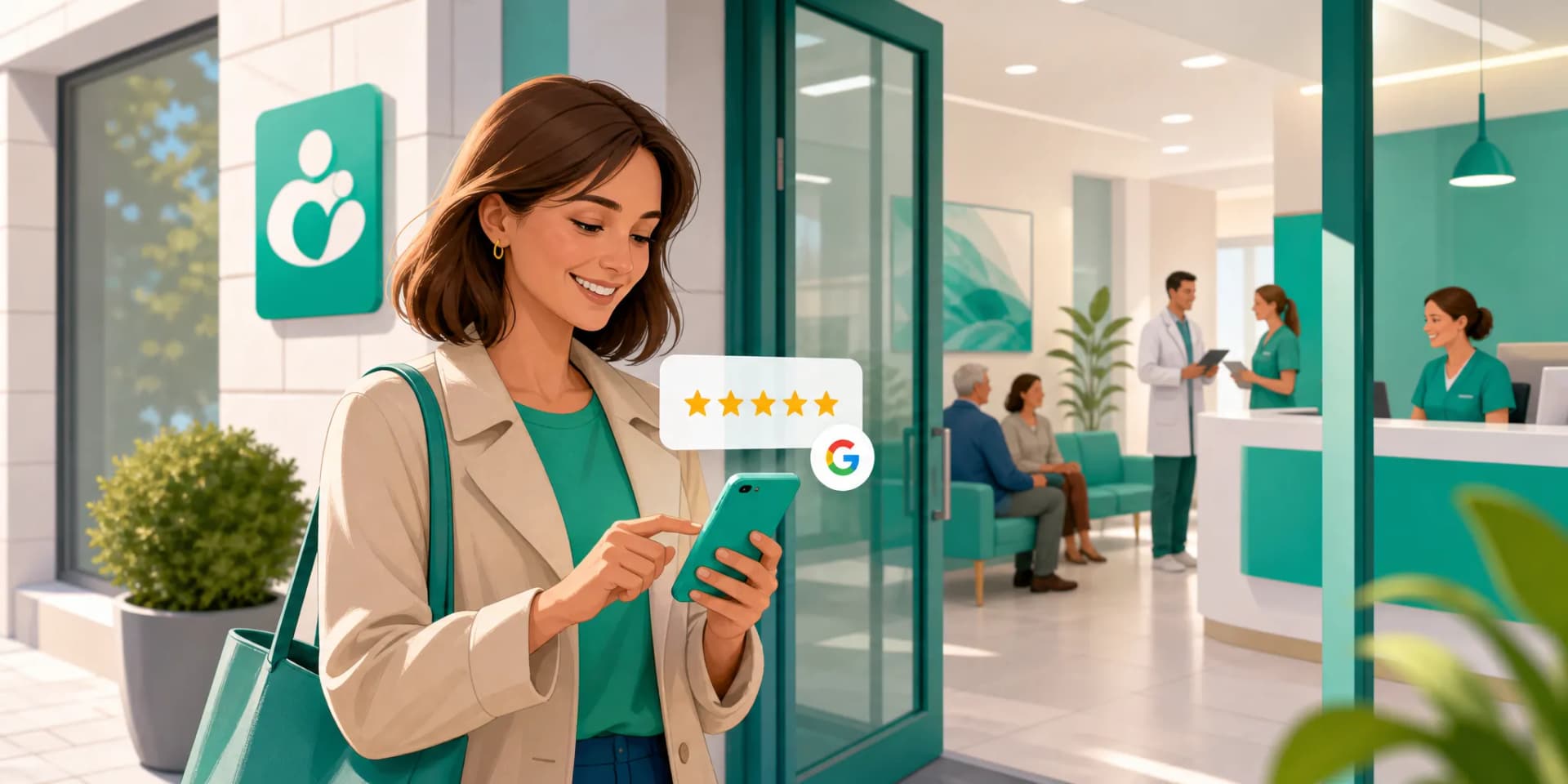Paziente sorridente che lascia una recensione Google da smartphone fuori dallo studio medico