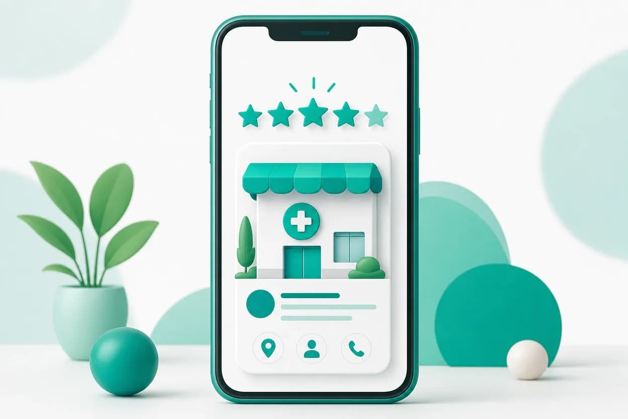 Smartphone con stelle di valutazione stilizzate sopra un'icona di scheda locale dello studio medico